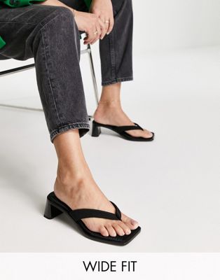 Wide Fit toe thong block heeled mule sandals in black