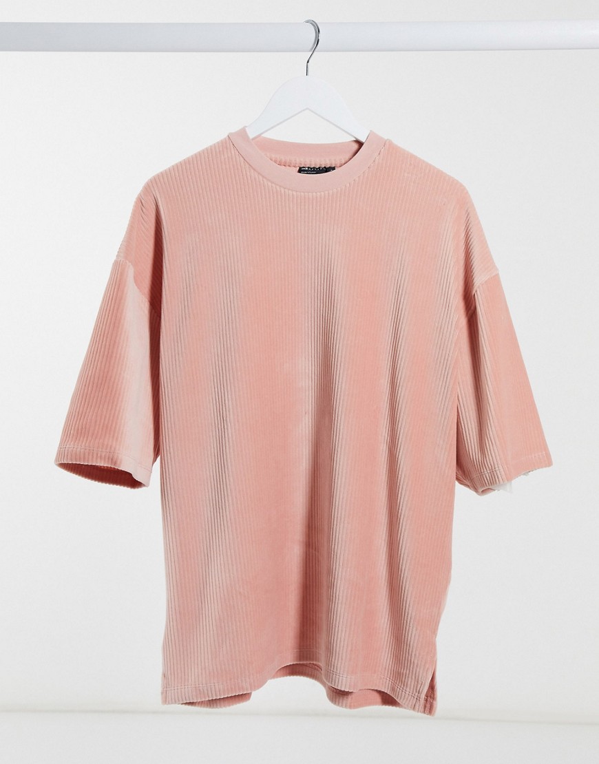 фото Розовая велюровая oversized-футболка в рубчик с рукавами до локтя asos design-розовый