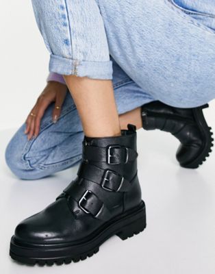 leather buckle ankle boots in black