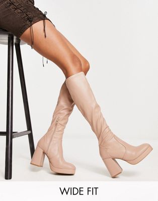 Wide Fit Della second skin heeled knee boots in stone