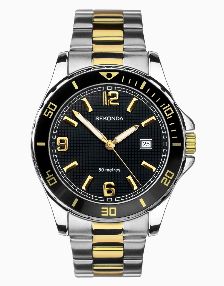 Sekonda dive two tone stainless steel analogue watch in black & multi