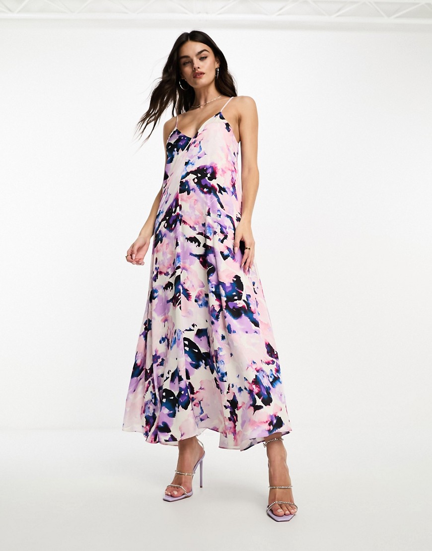 Selected Femme satin cami maxi dress in abstract print-Purple