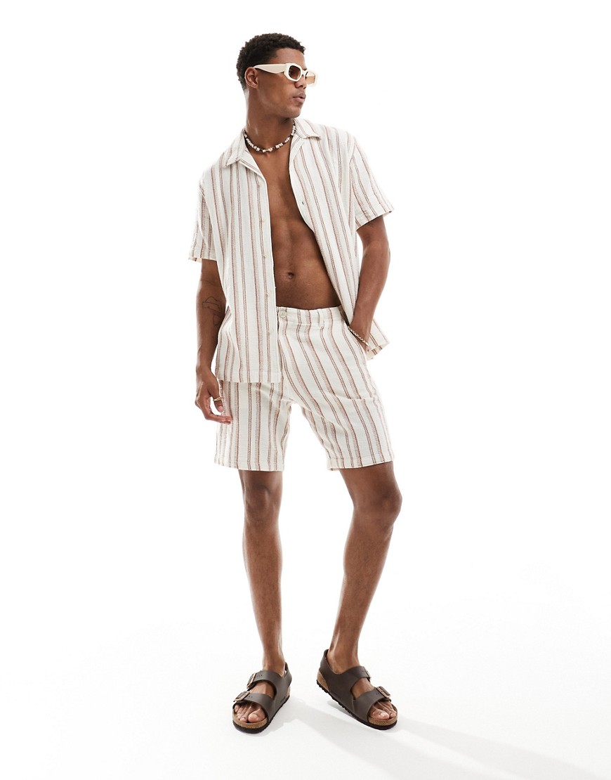 Selected Homme co-ord textured short in cream stripe-White