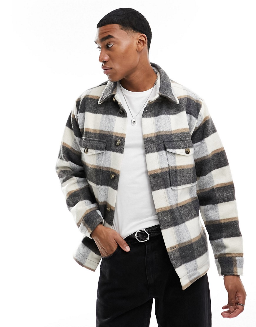 Selected Homme heavyweight overshirt in off white and navy check-Multi