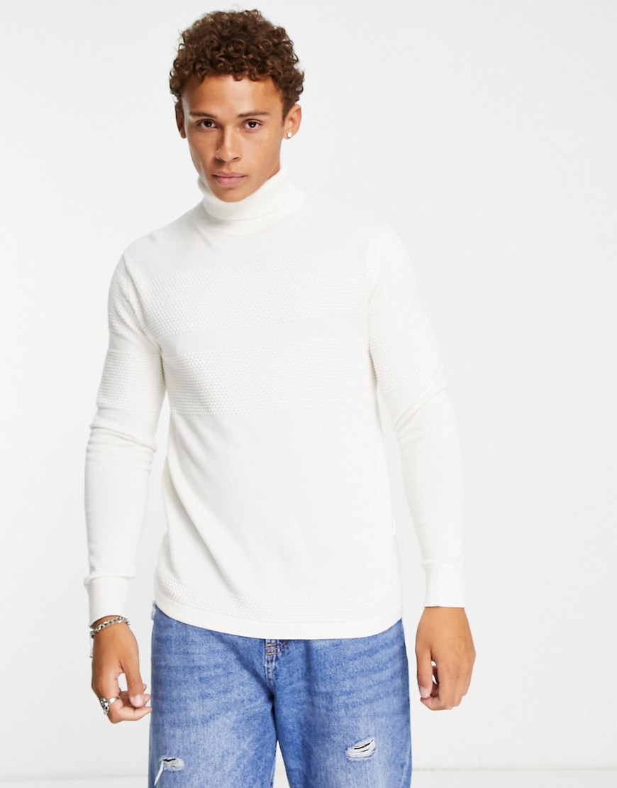 Selected Homme knitted roll neck jumper with textured stripe in white