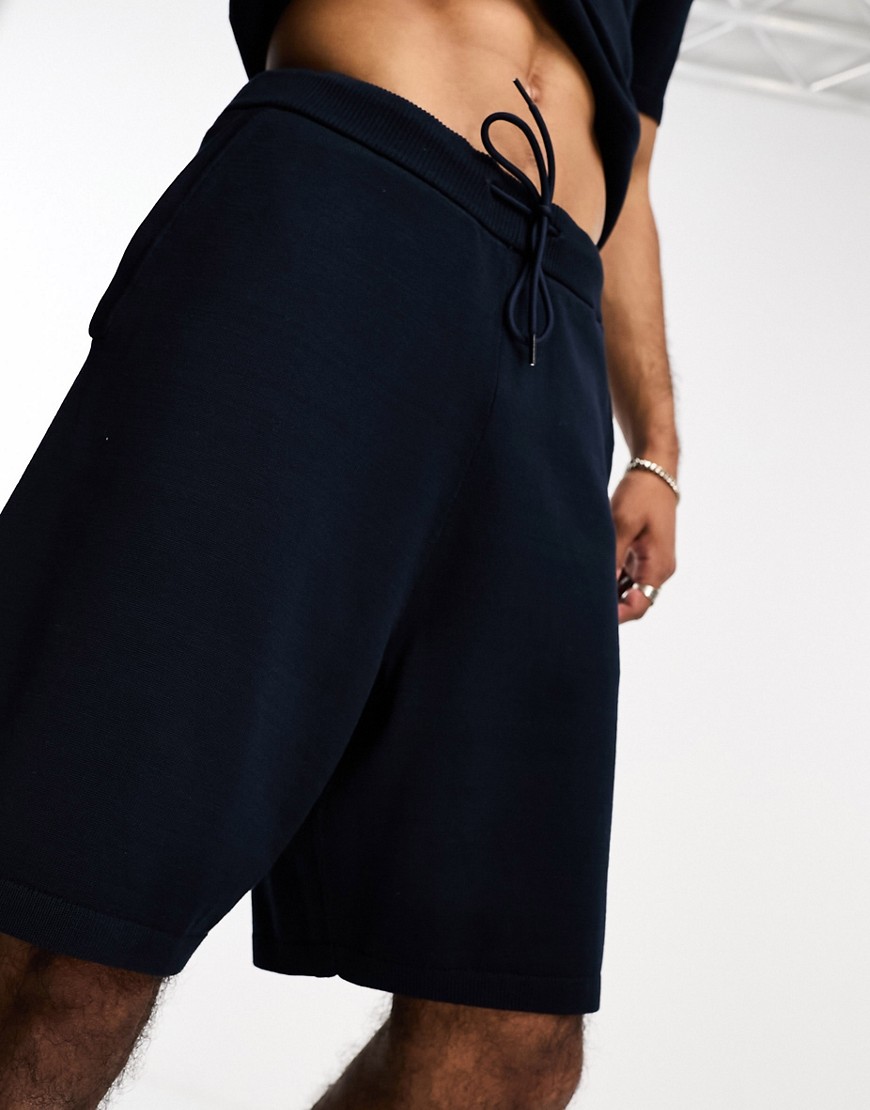 Selected Homme knitted short co-ord with drawstring waist in navy