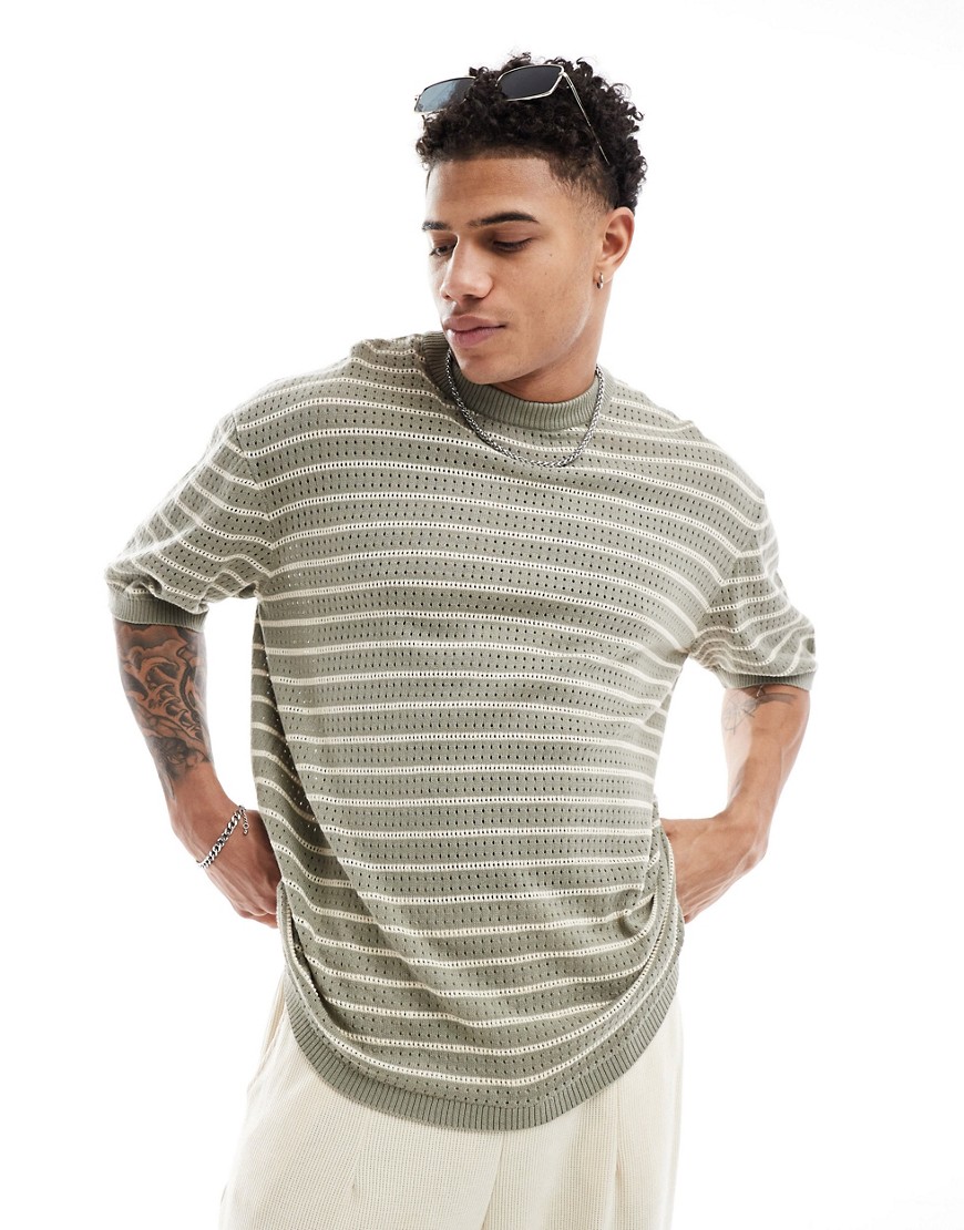 Selected Homme knitted t-shirt in beige stripe-Neutral