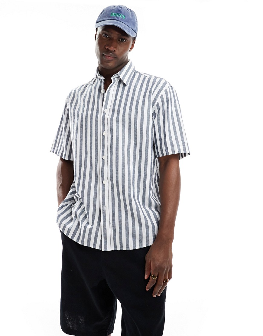 Selected Homme oversized linen mix shirt in navy stripe