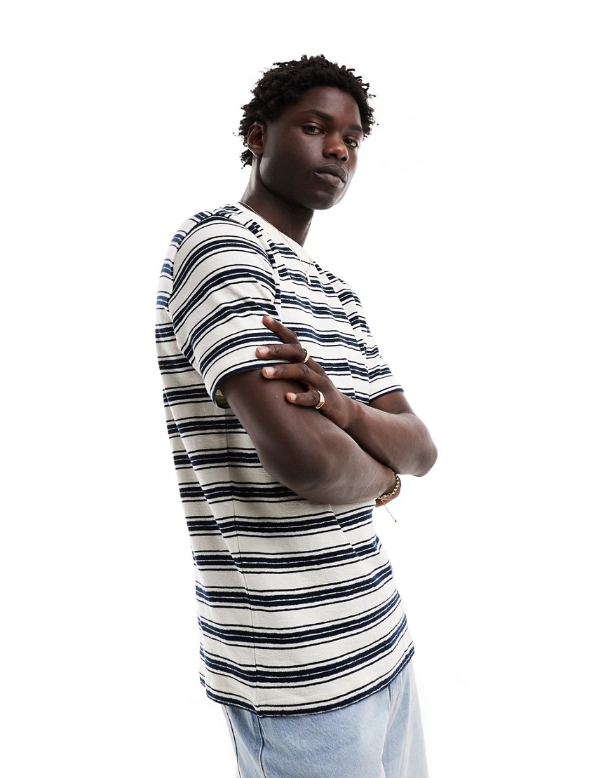 Selected Homme oversized textured t-shirt in navy and white stripe-Multi