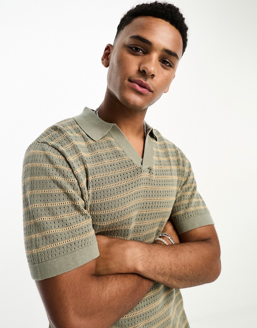 Selected Homme revere collar knitted polo in grey stripe