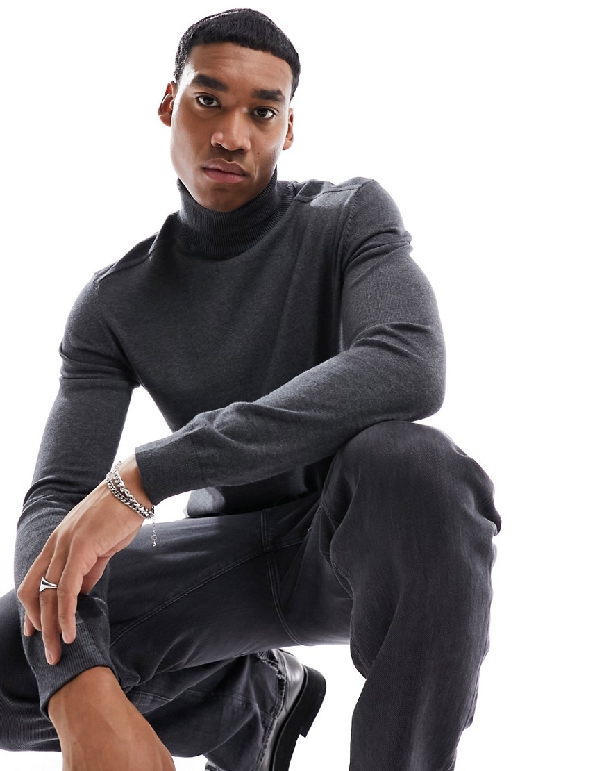 Selected Homme roll neck knit jumper in dark grey
