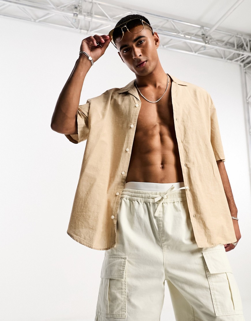 Selected Homme short sleeve revere collar linen shirt in beige-Neutral
