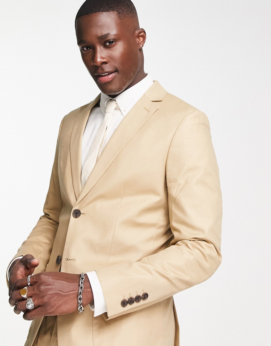 Selected Homme slim fit suit jacket in sand linen mix-Neutral