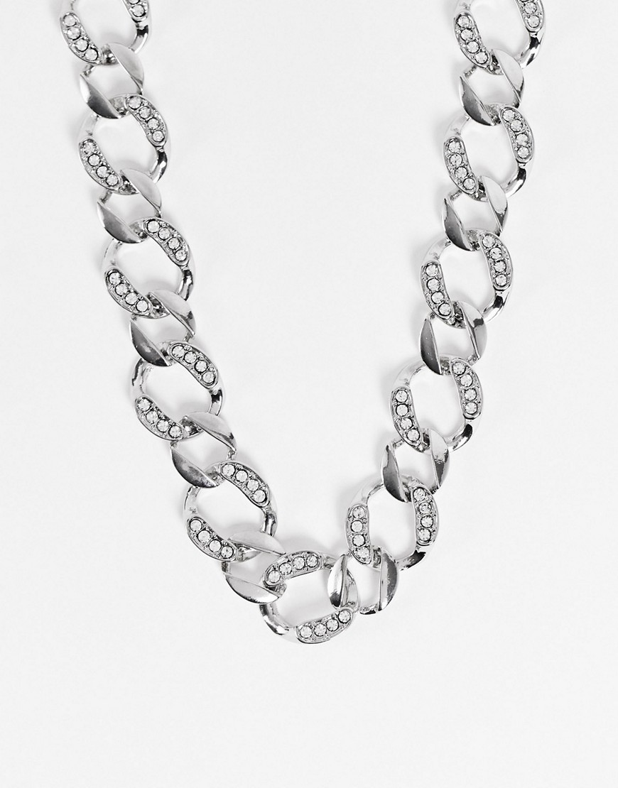 фото Серебристое ожерелье-цепочка с крупными звеньями и прозрачными искусственными камнями asos design-серебряный