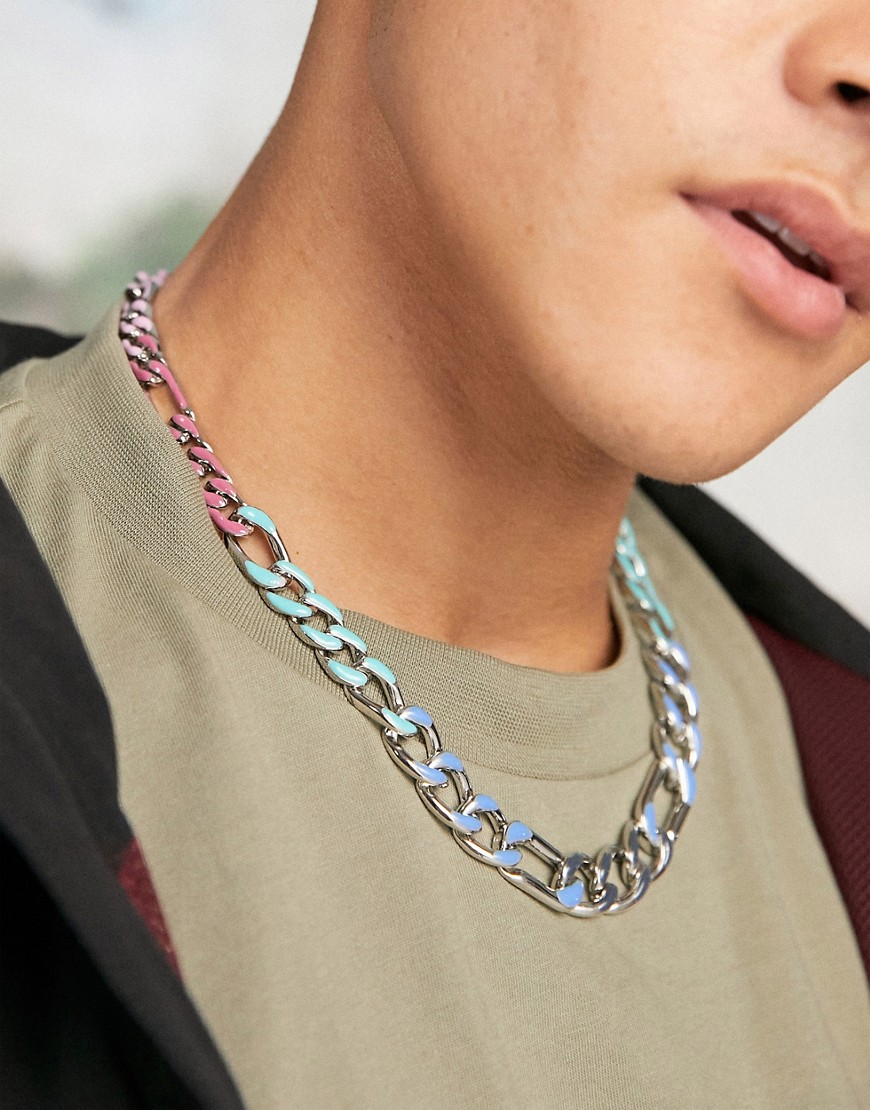 фото Серебристое ожерелье-цепочка средней толщины с плетением фигаро и покрытием эмалью разных цветов asos design-разноцветный