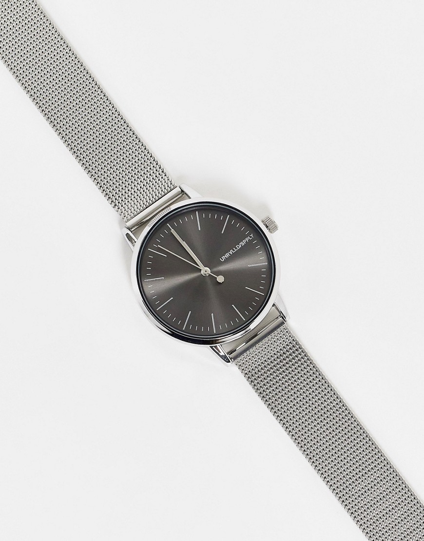 фото Серебристые часы с сетчатым ремешком и черным циферблатом asos design-серебряный