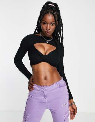 Signature 8 Crop top torsadé sur le devant en maille Noir ASOS