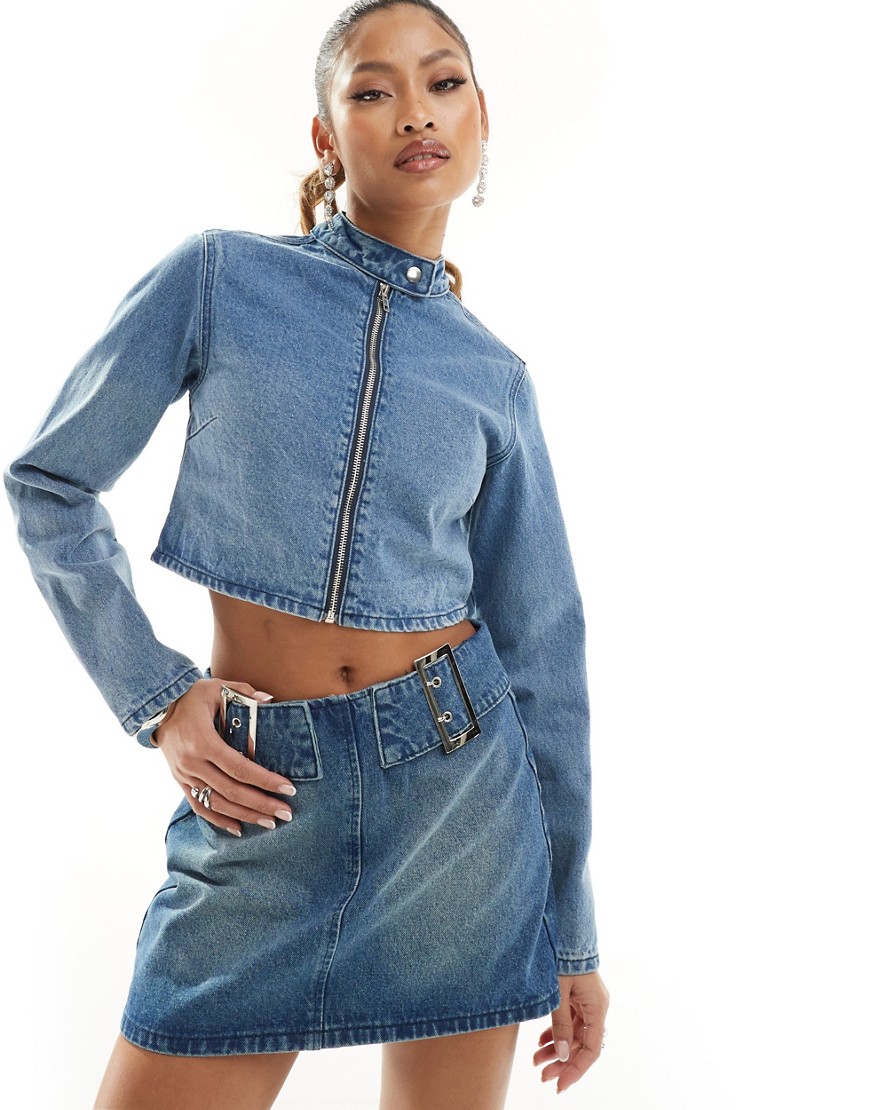 Simmi cropped denim moto jacket co-ord in blue mid wash