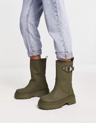 Simmi London grant chunky pull on ankle boots with buckle detail in khaki matte