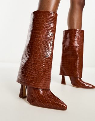Simmi London Rayan fold over heeled knee boots in tan patent croc-Brown