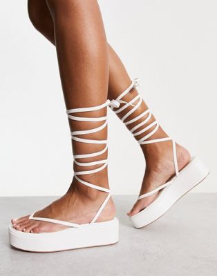 Simmi London talia lace up toe thong flatform sandals in white