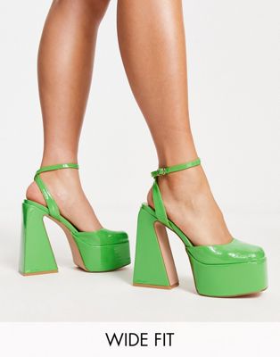 Simmi London Wide Fit Adley platform heeled shoes in green patent