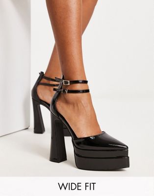 Simmi London Wide Fit double platform heels with pointed toe in black patent