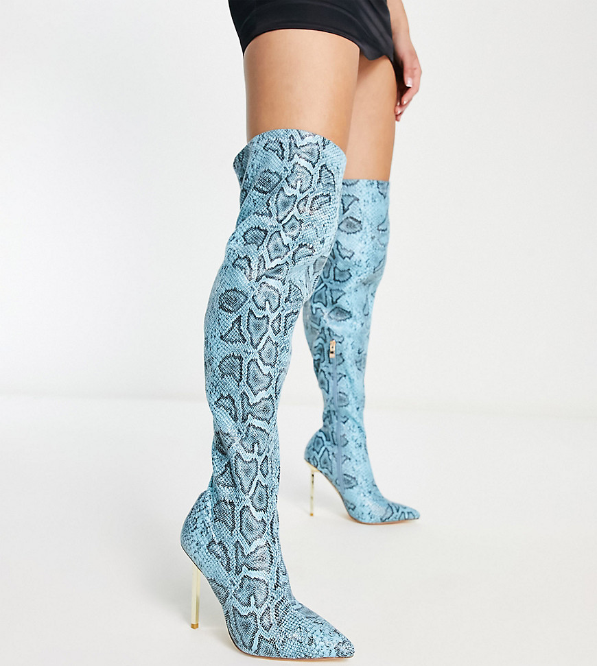 Simmi London Wide Fit Duke stiletto heel over the knee boots in blue snake print-Multi