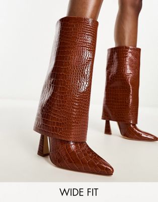 Simmi London Wide Fit Rayan foldover heeled knee boots in tan patent croc