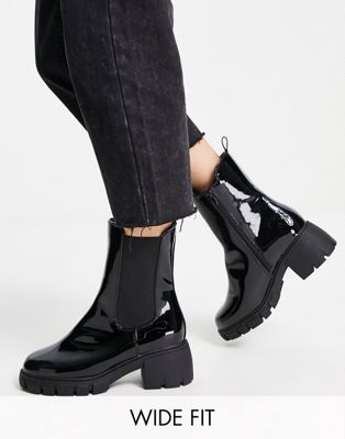 Extra Wide Fit block heeled boots with cleated sole in black
