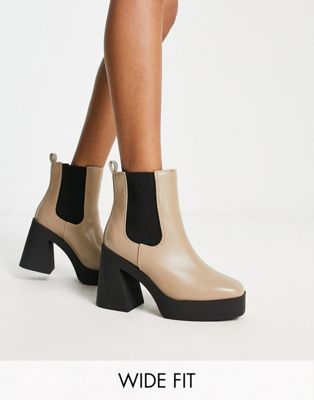 Simply Be Extra Wide Fit platform heeled chelsea boots in taupe-Neutral