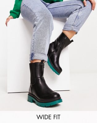 Wide Fit chunky flat chelsea boot with contrast sole black