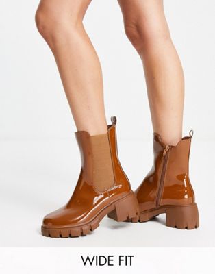 Wide Fit cleated block heeled chelsea boot in brown