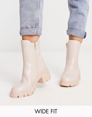Wide Fit cleated block heeled chelsea boot in stone