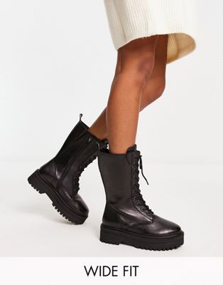 Wide Fit faux leather lace up utility ankle boot in black