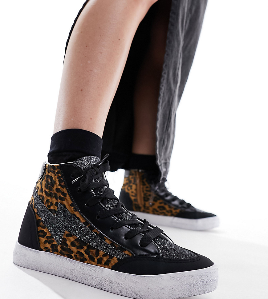 Simply Be Wide Fit hi top trainers in leopard print-Brown
