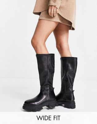 Wide Fit knee flat boot with cleated sole in black