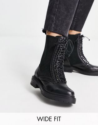Wide Fit leather pull on chelsea flat ankle boots with cleated sole in black