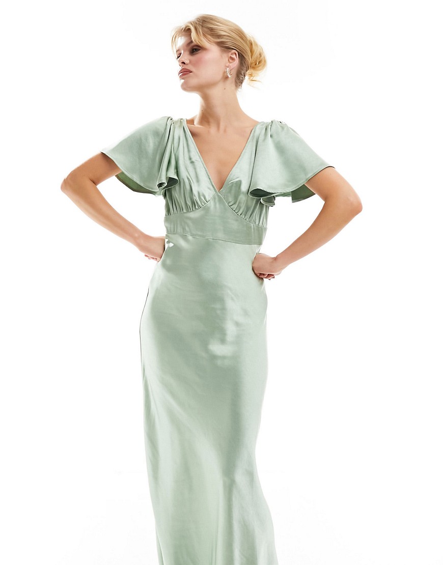 Six Stories Bridesmaid flutter sleeve satin maxi dress in sage-Green