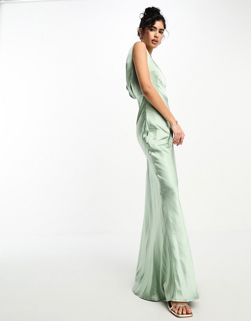 Six Stories Bridesmaids cowl back satin maxi dress co-ord in sage-Green