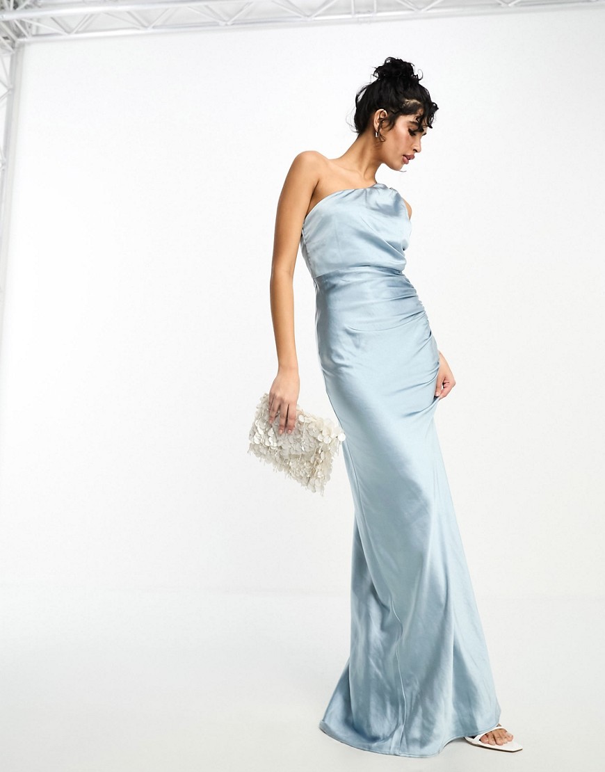 Six Stories Bridesmaids one shoulder satin maxi dress in dusty blue