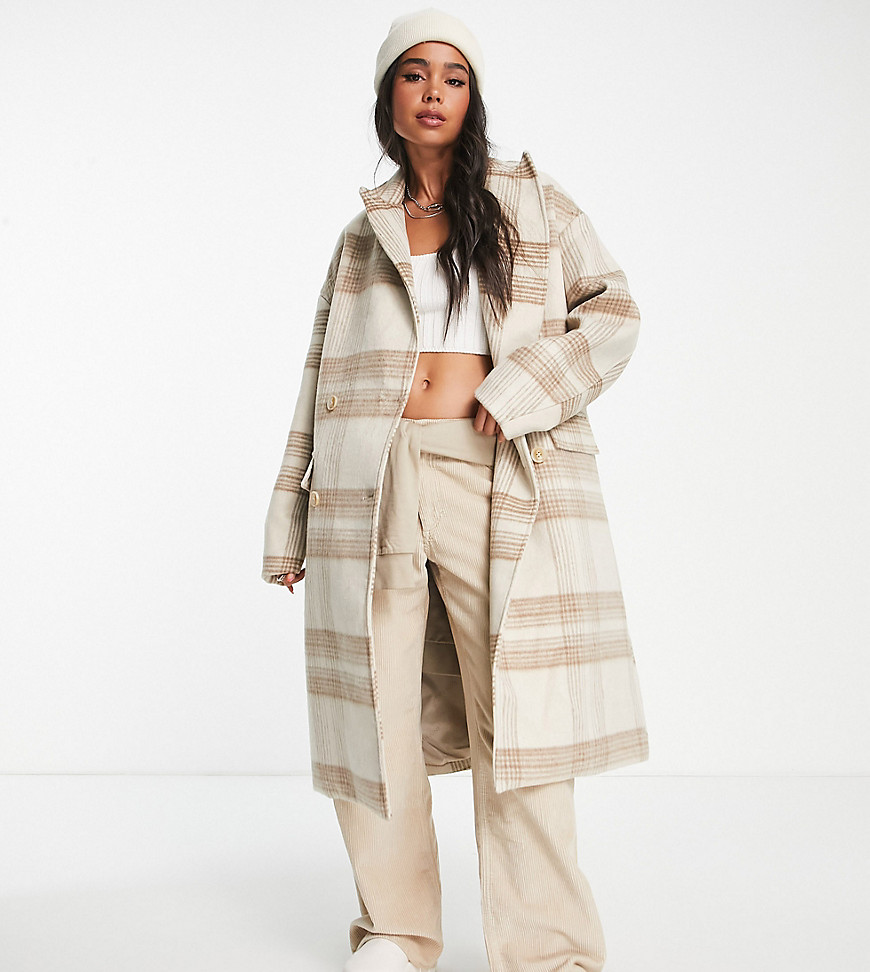 Sixth June Plus oversized longline coat in wool effect neutral tartan-White