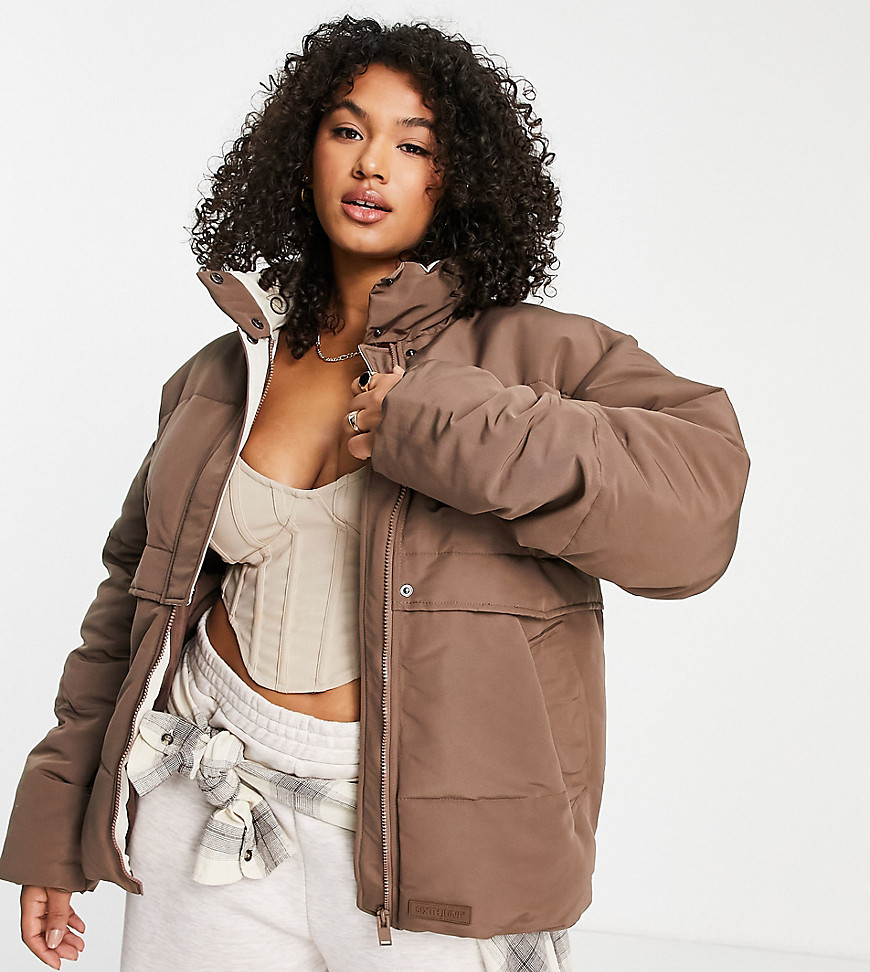Sixth June Plus oversized puffer coat with contrast lining-Brown