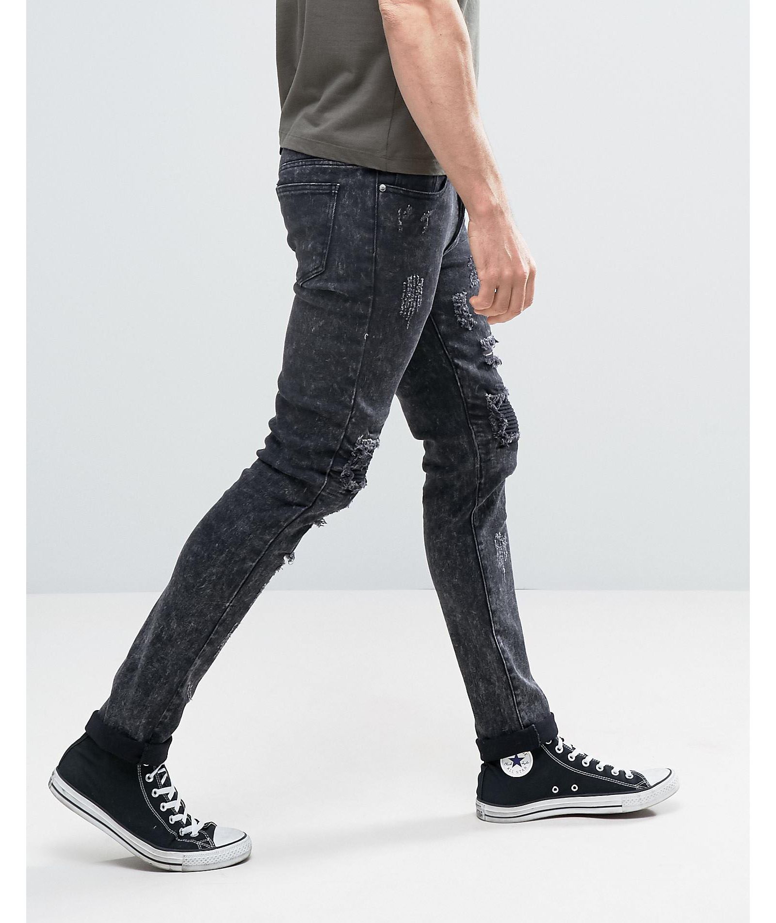 Sixth June Skinny Jeans With Distressing In Acid Wash