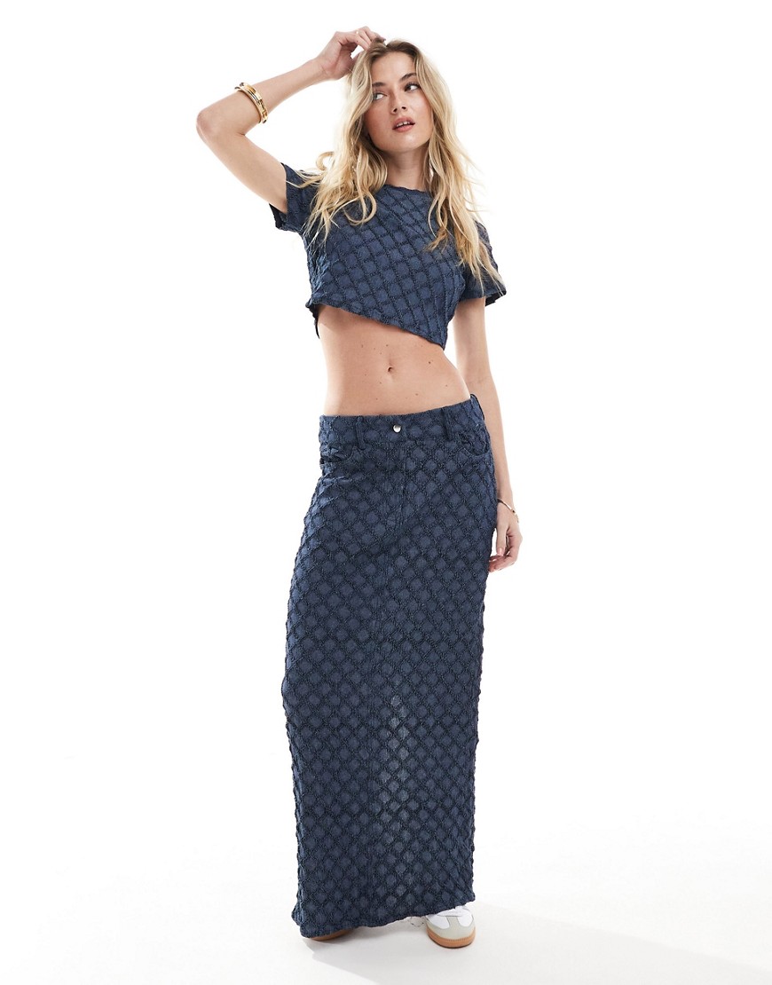 Something New Denim textured maxi skirt co-ord with back split in dark indigo wash-Blue