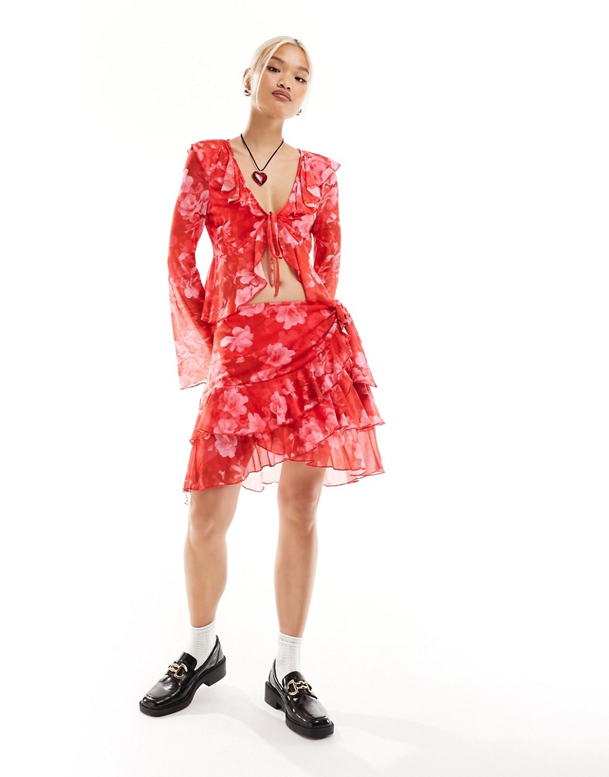 Something New X Chloe Frater mesh frill detail mini skirt co-ord in red washed floral