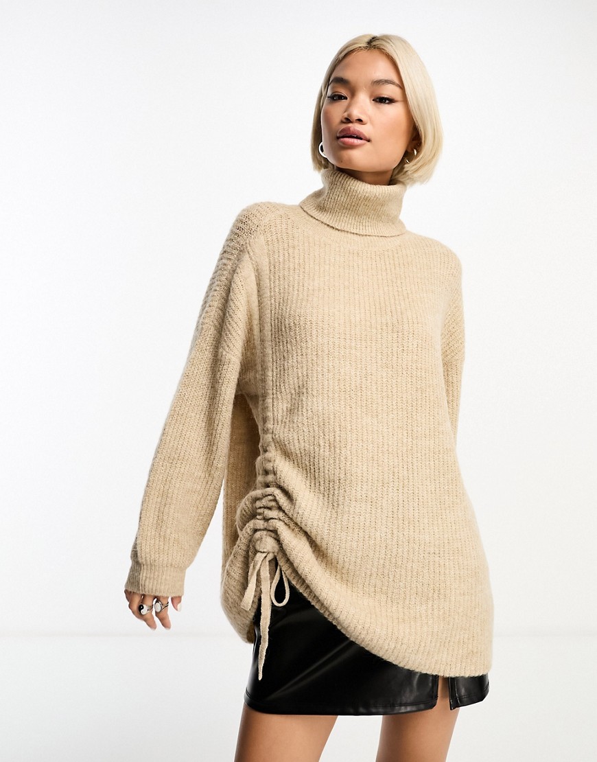 Something New X GORPECORE SQUAD ruched side roll neck jumper in sand-Neutral