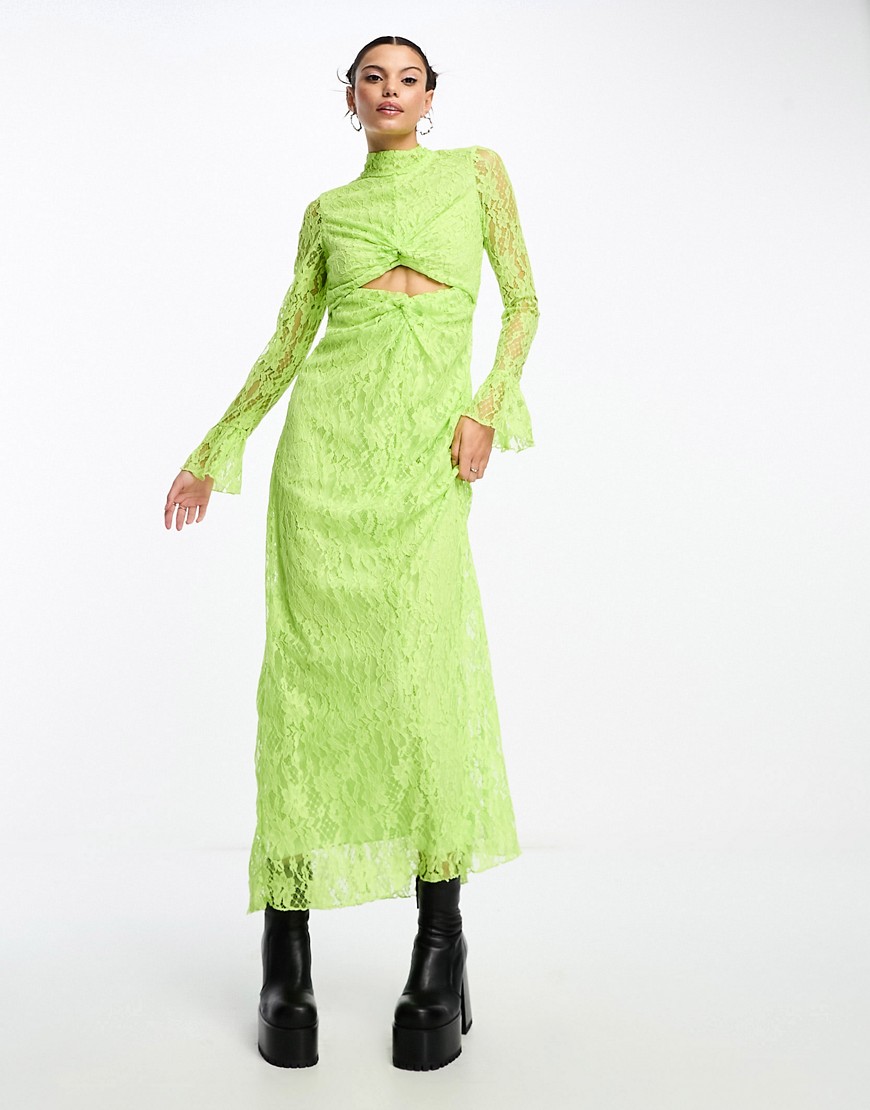 Something New x Lame. Cobain high neck lace maxi dress with cut outs in acidic lime green