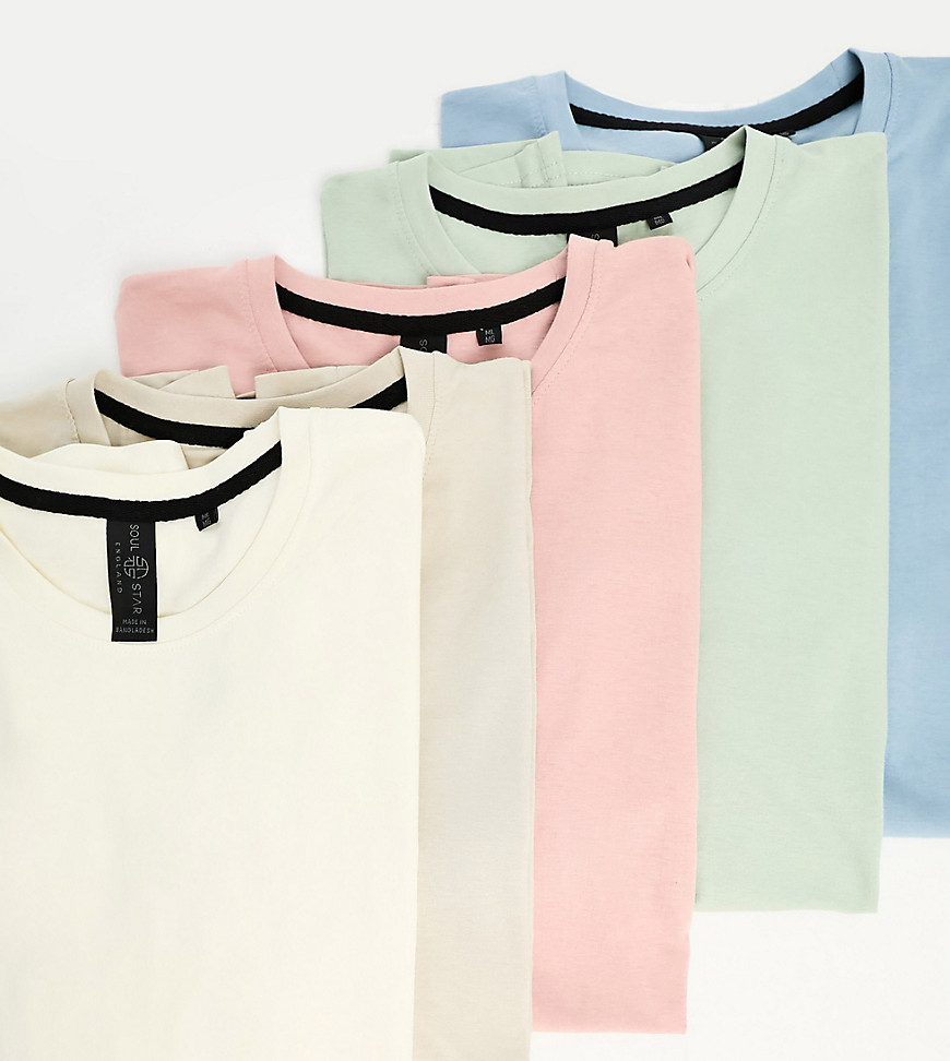 Soulstar Tall 5 pack t-shirts in blue, green, ecru, stone, pink-Multi