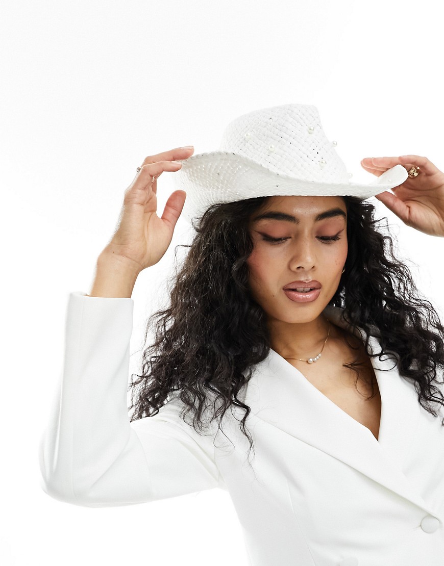 South Beach pearl embellished cowboy hat with pearl veil in natural-White
